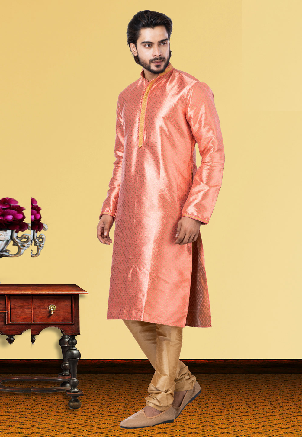 Peach Jacquard Kurta Pajama 249775