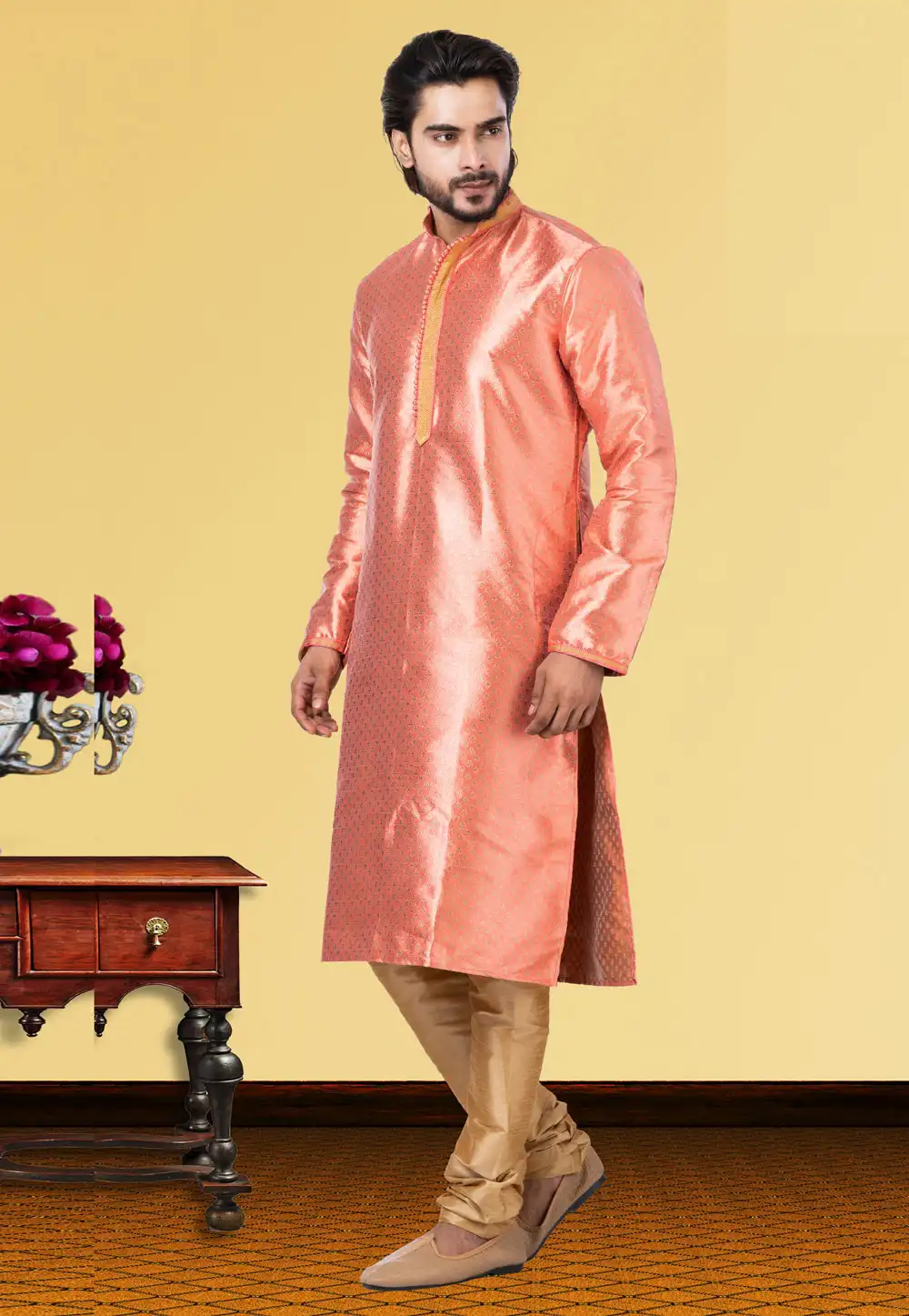 Peach Jacquard Kurta Pajama 249775