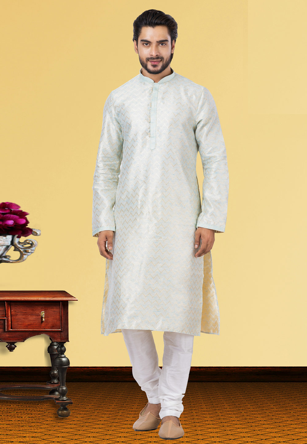 Off White Linen Kurta Pajama 249777