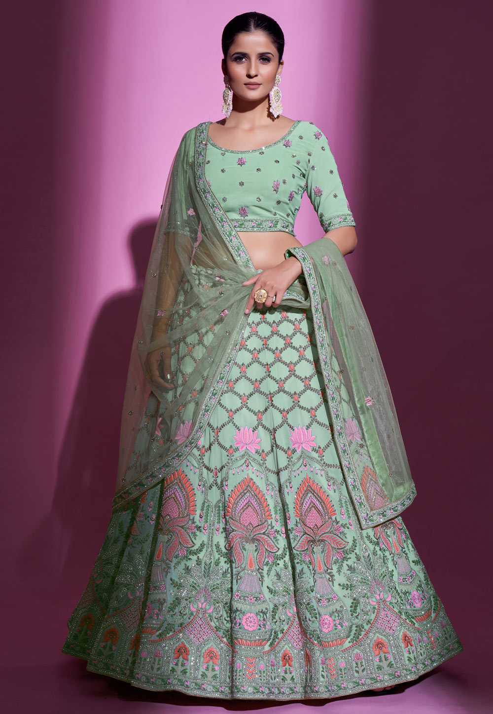 Pista Green Georgette A Line Lehenga Choli 255978