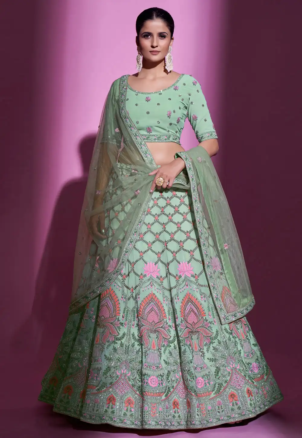 Pista Green Georgette A Line Lehenga Choli 255978