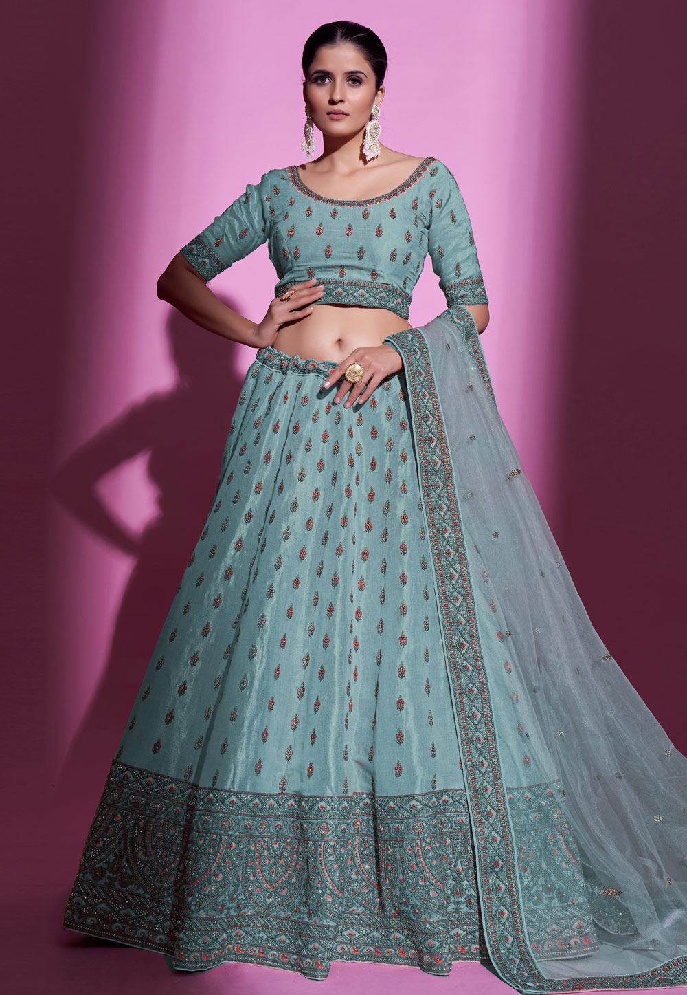Sky Blue Silk A Line Lehenga Choli 261208