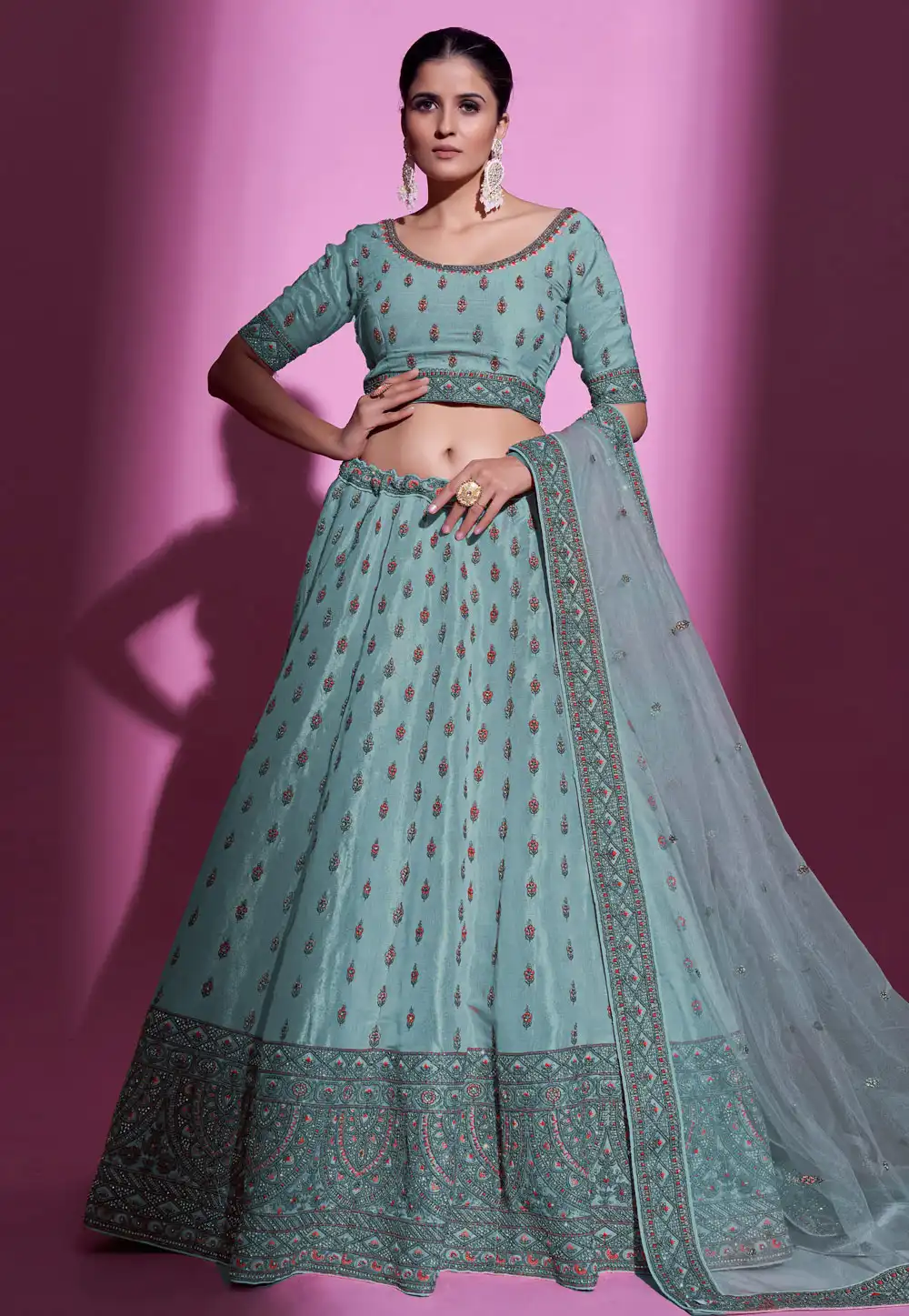Sky Blue Silk A Line Lehenga Choli 261208