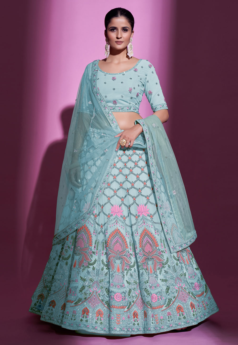 Sky Blue Georgette A Line Lehenga Choli 261216