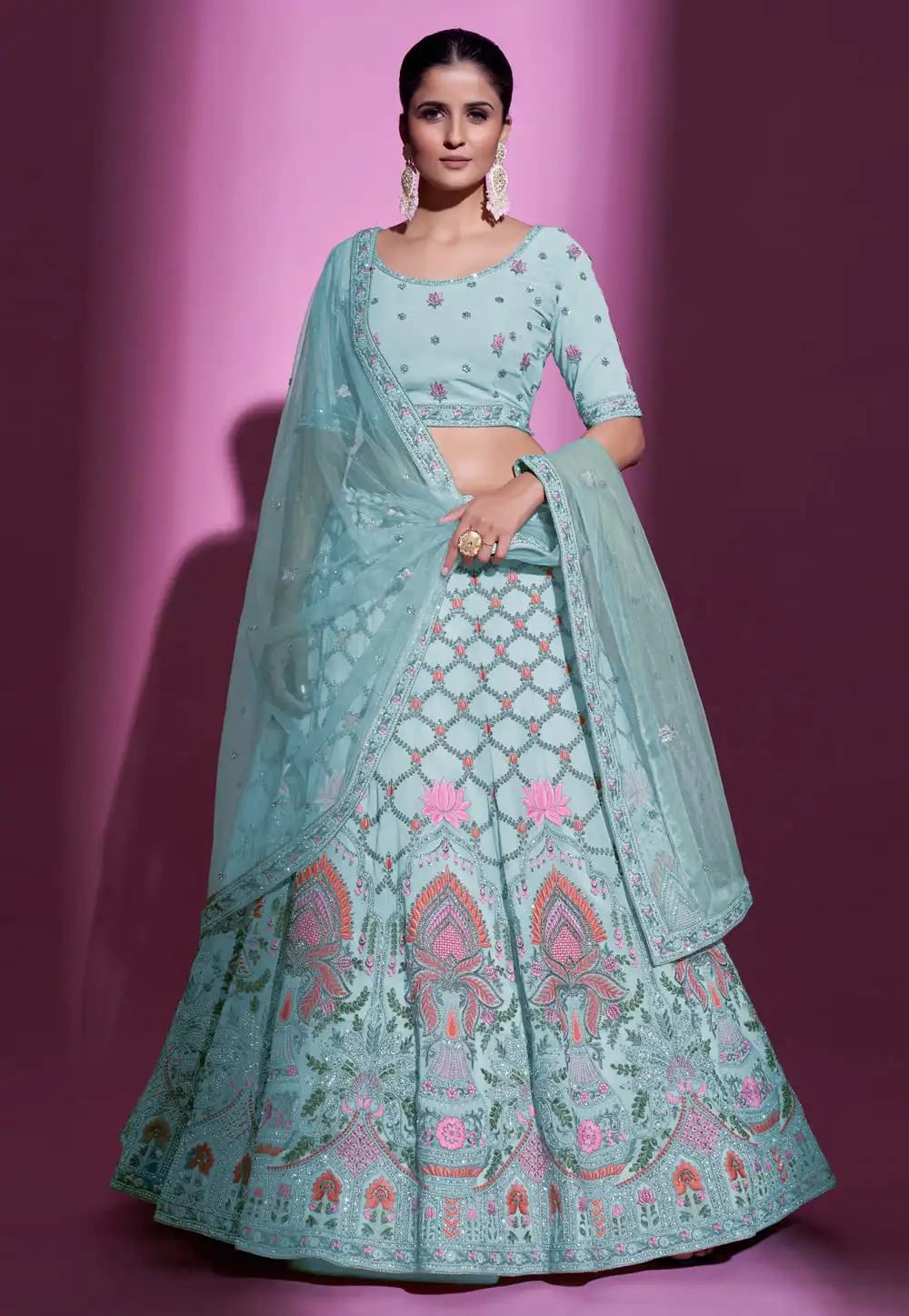 Sky Blue Georgette A Line Lehenga Choli 261216