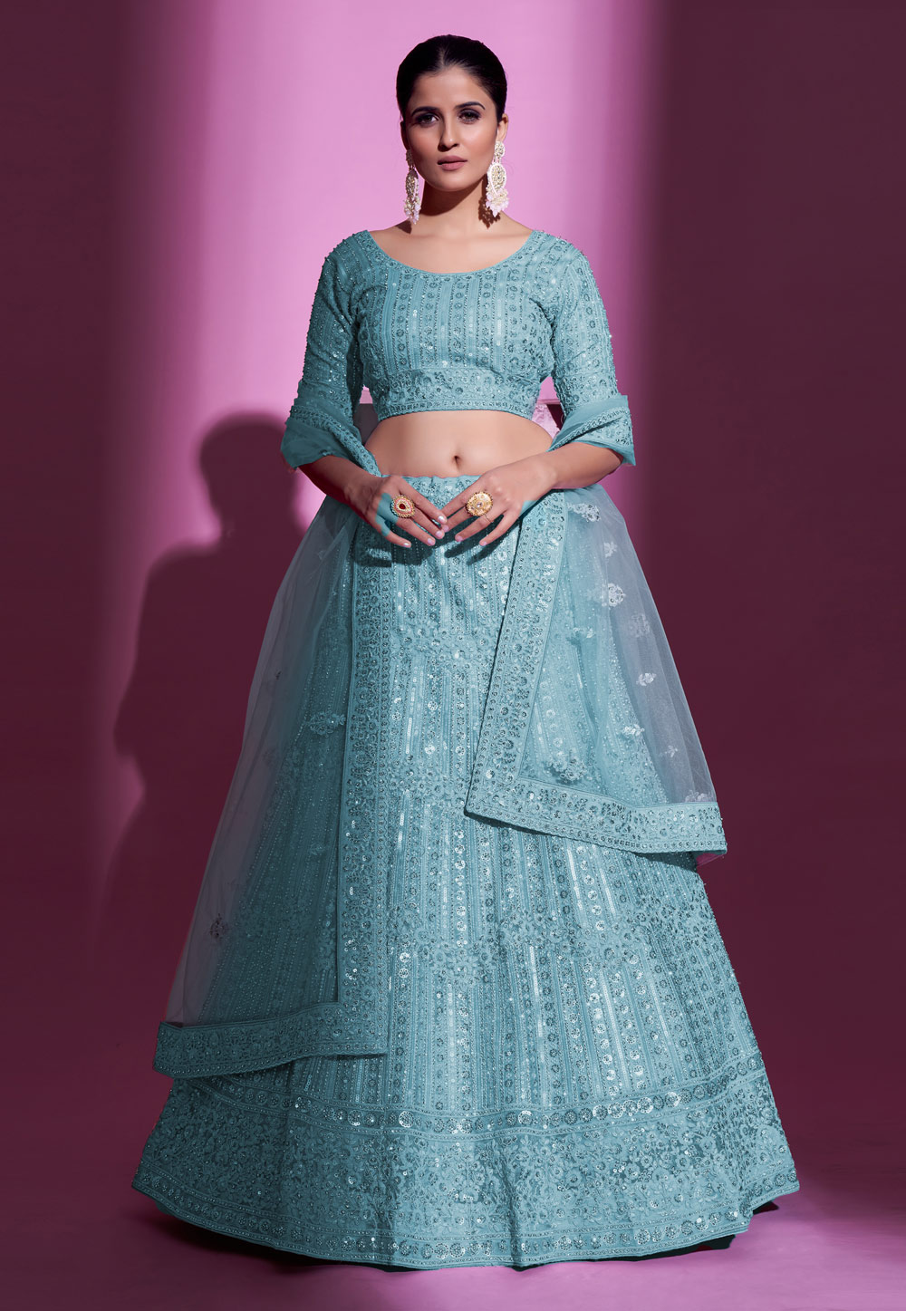 Sky Blue Soft Net A Line Lehenga Choli 261220