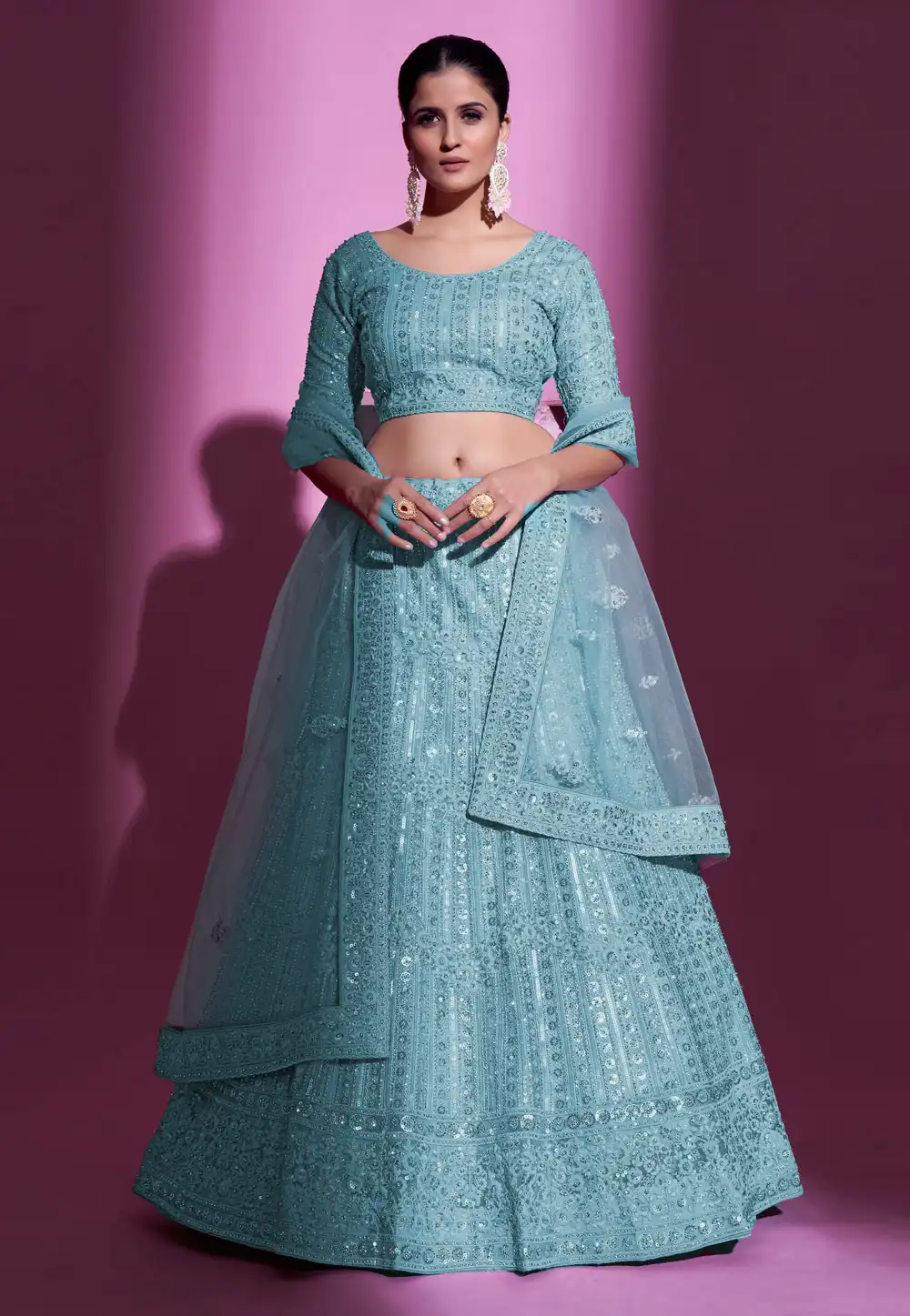 Sky Blue Soft Net A Line Lehenga Choli 261220
