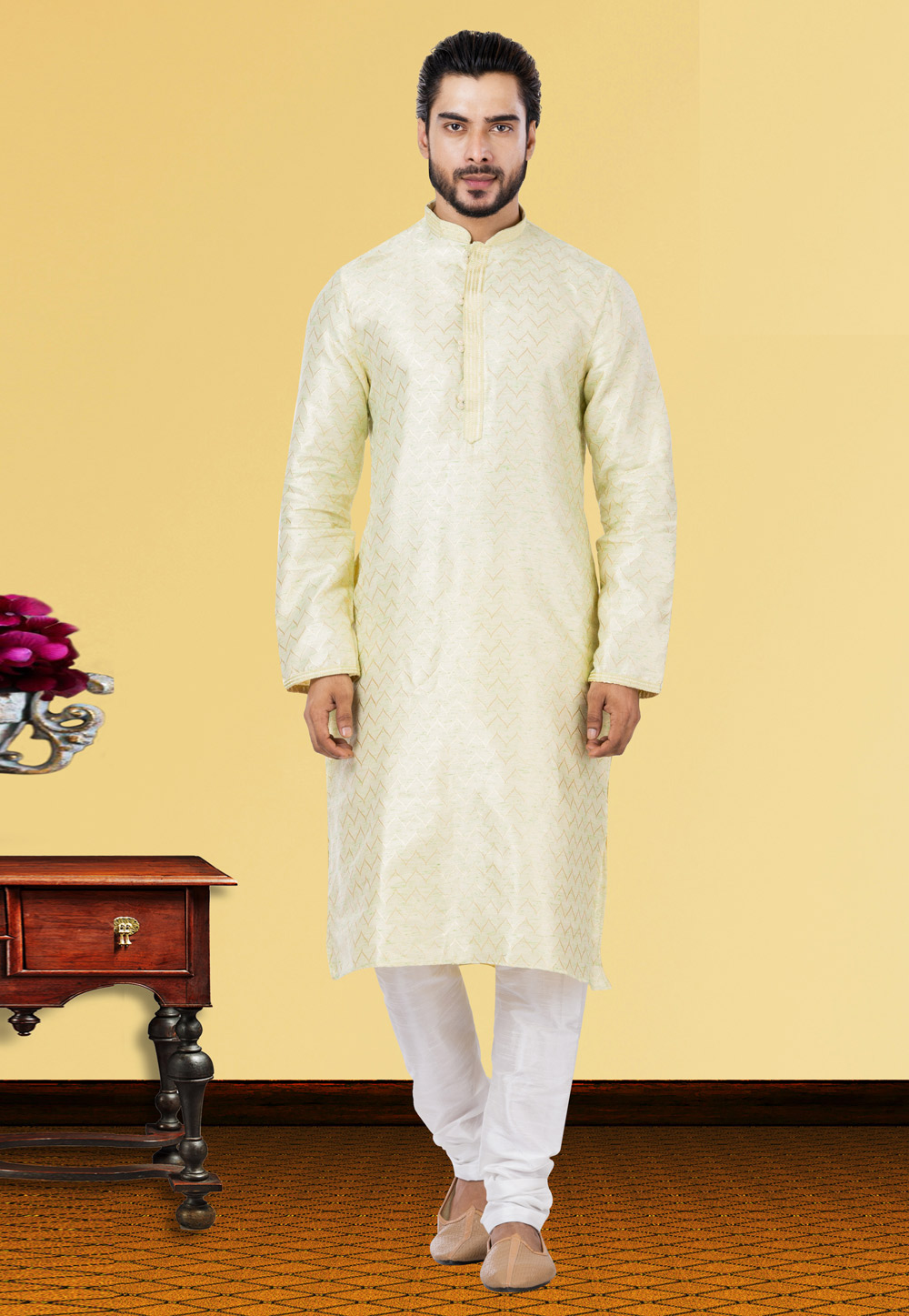 Off White Linen Kurta Pajama 249780