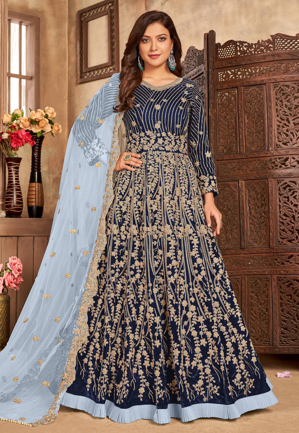 Navy Blue Velvet Long Anarkali Suit 238801