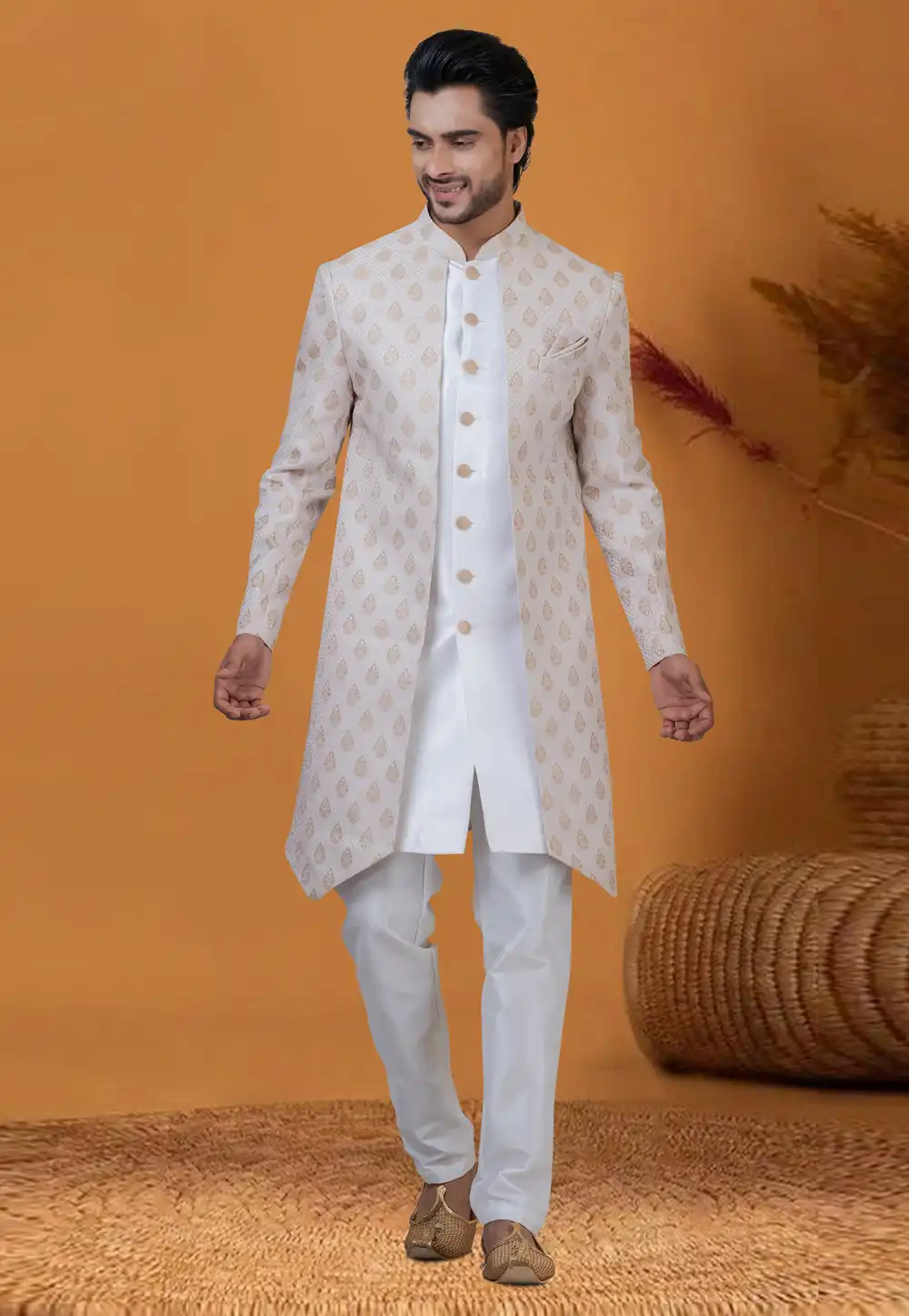 White Jacquard Silk Jacket Style Sherwani 276567