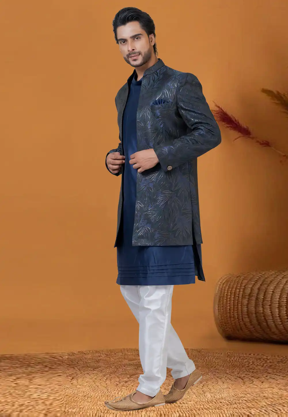 Navy Blue Jacquard Silk Jacket Style Sherwani 276568