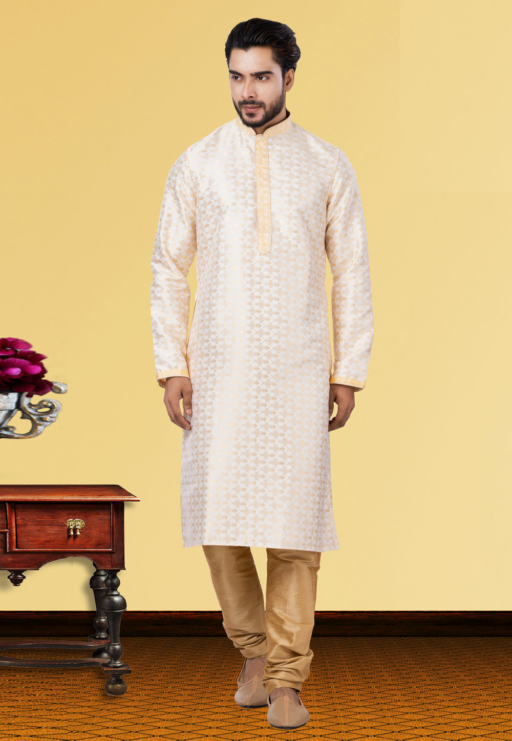 Cream Jacquard Silk Kurta Pajama 249782