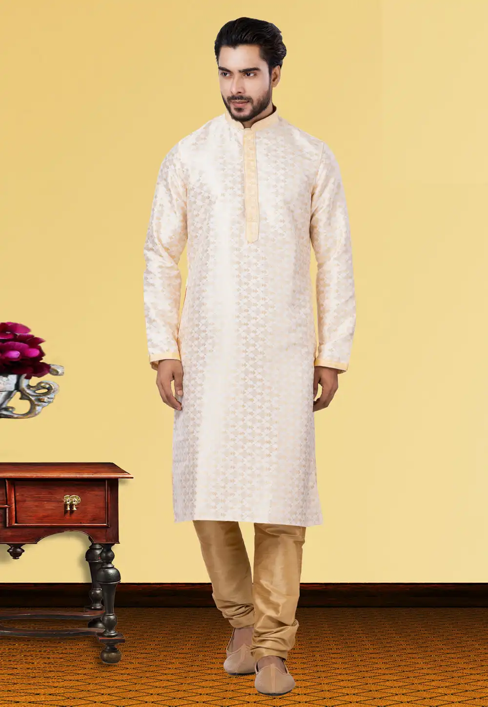 Cream Jacquard Silk Kurta Pajama 249782