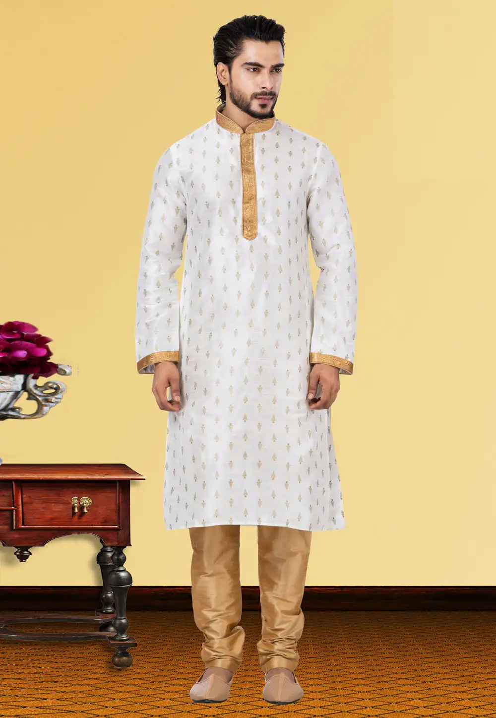 White Dupion Kurta Pajama 249783