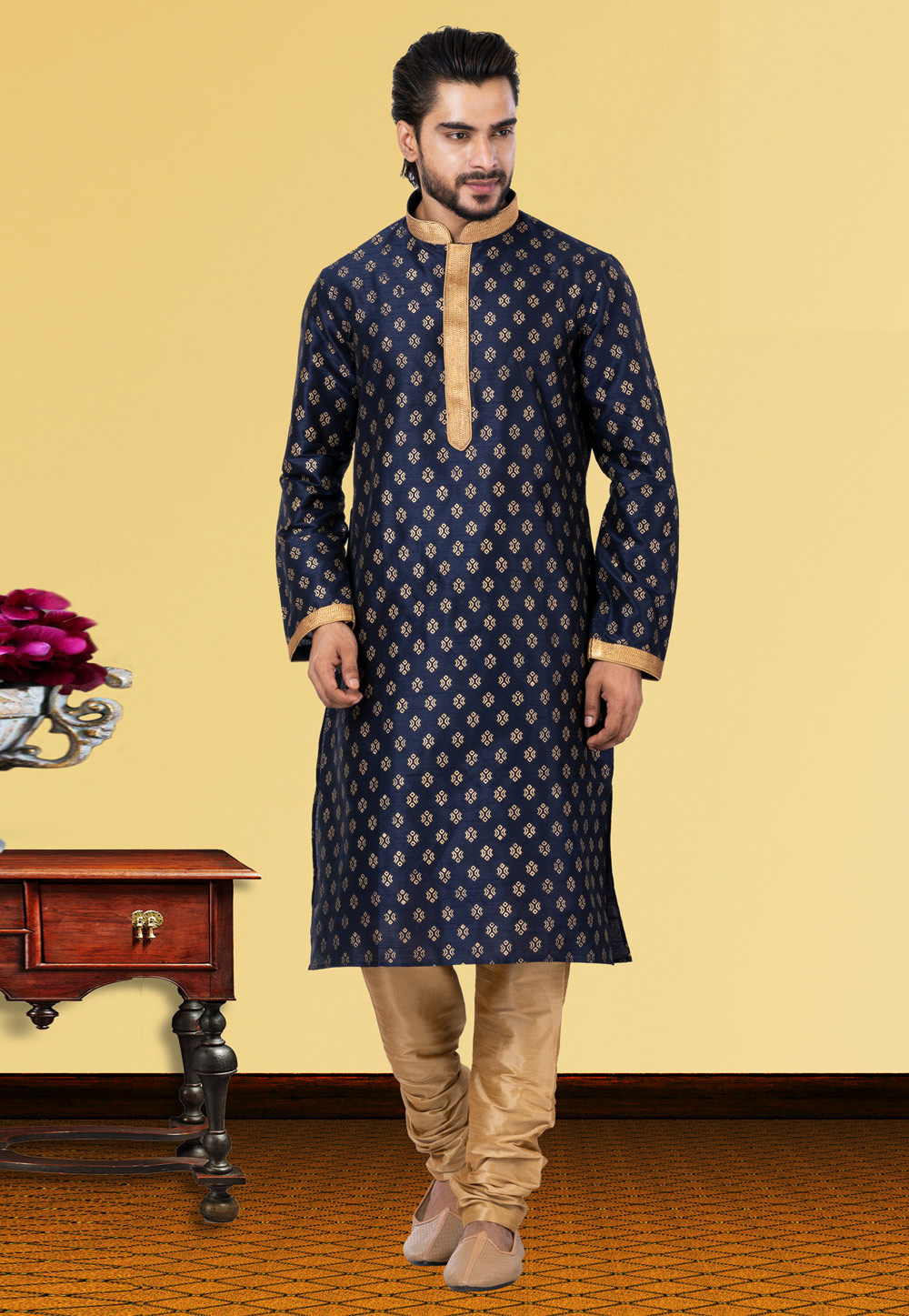 Navy Blue Dupion Kurta Pajama 249784