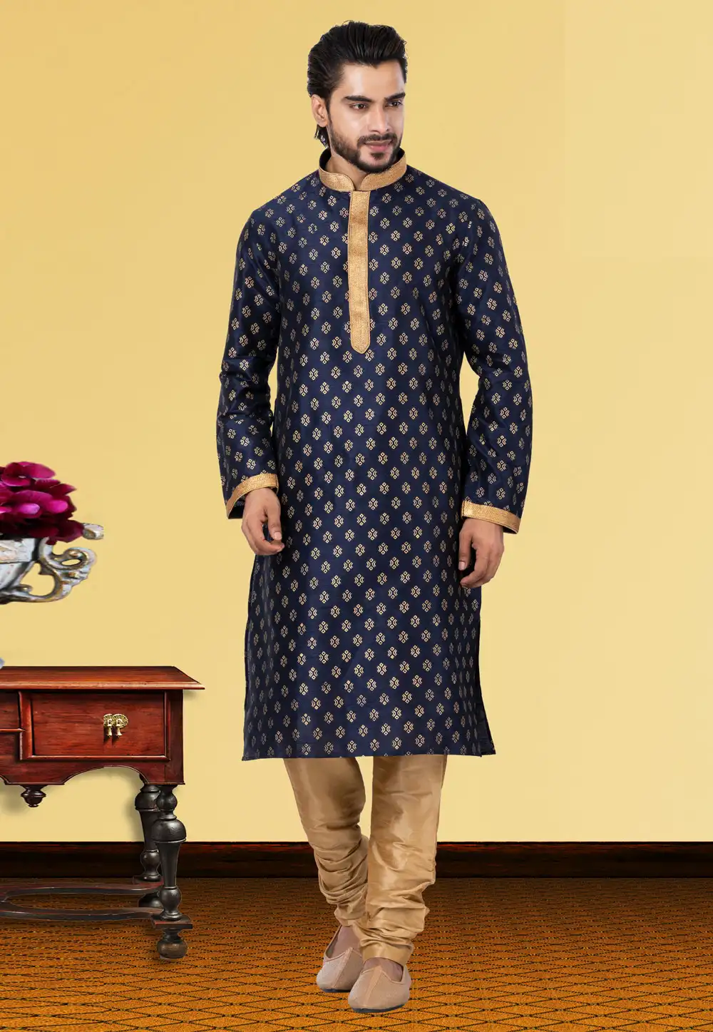 Navy Blue Dupion Kurta Pajama 249784