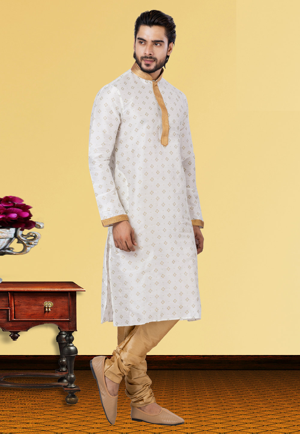 White Dupion Kurta Pajama 249785