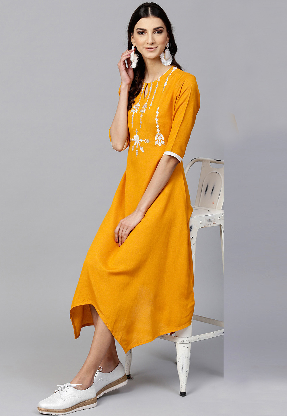 Yellow Rayon Readymade Asymmetric Kurti 188936