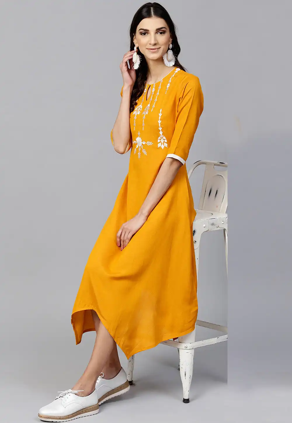 Yellow Rayon Readymade Asymmetric Kurti 188936