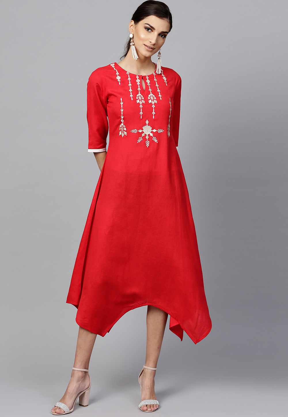 Red Rayon Readymade Asymmetric Kurti 188937