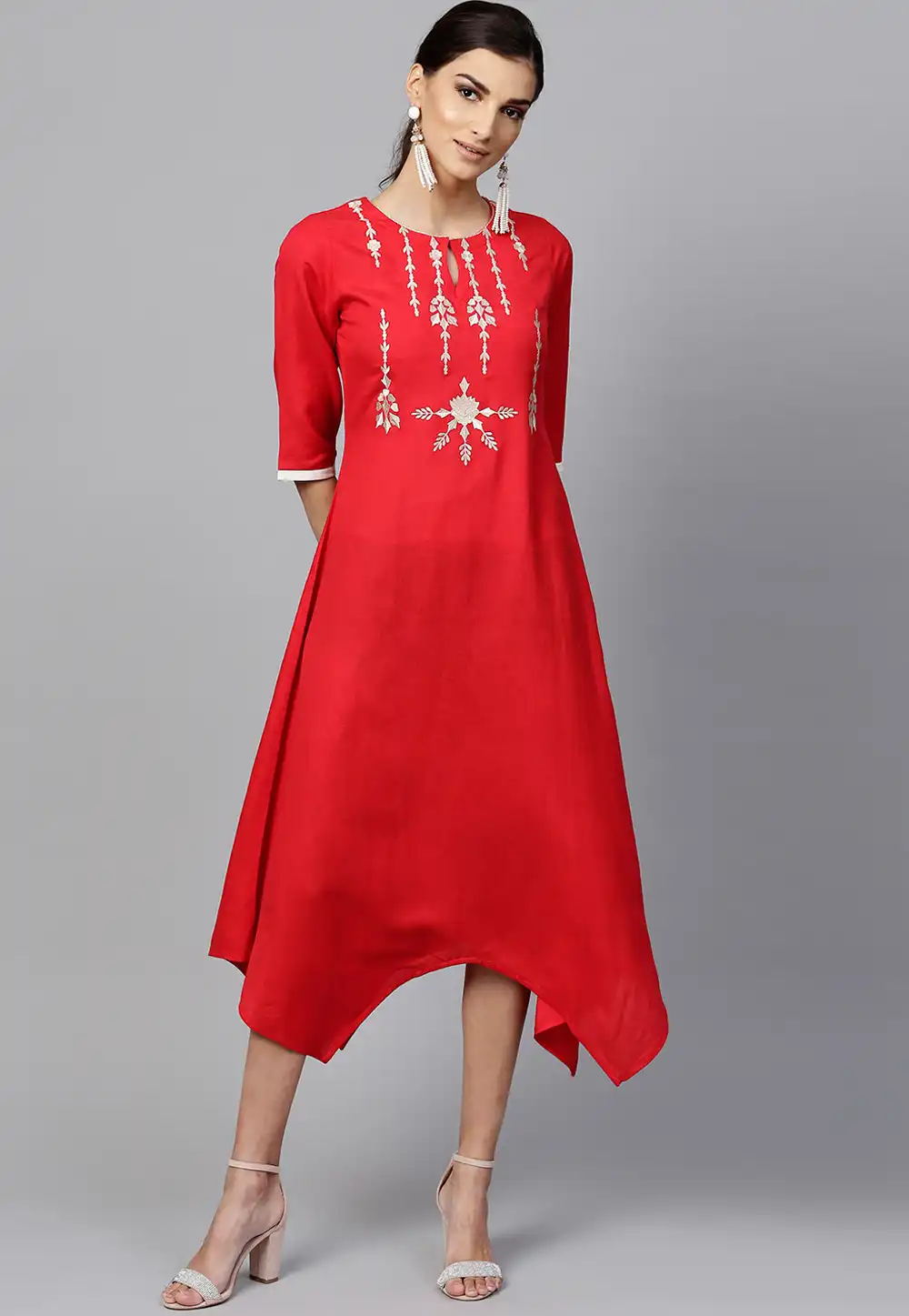 Red Rayon Readymade Asymmetric Kurti 188937