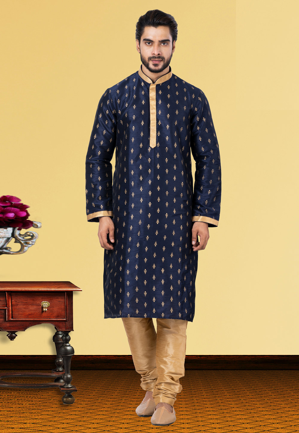 Navy Blue Dupion Kurta Pajama 249787