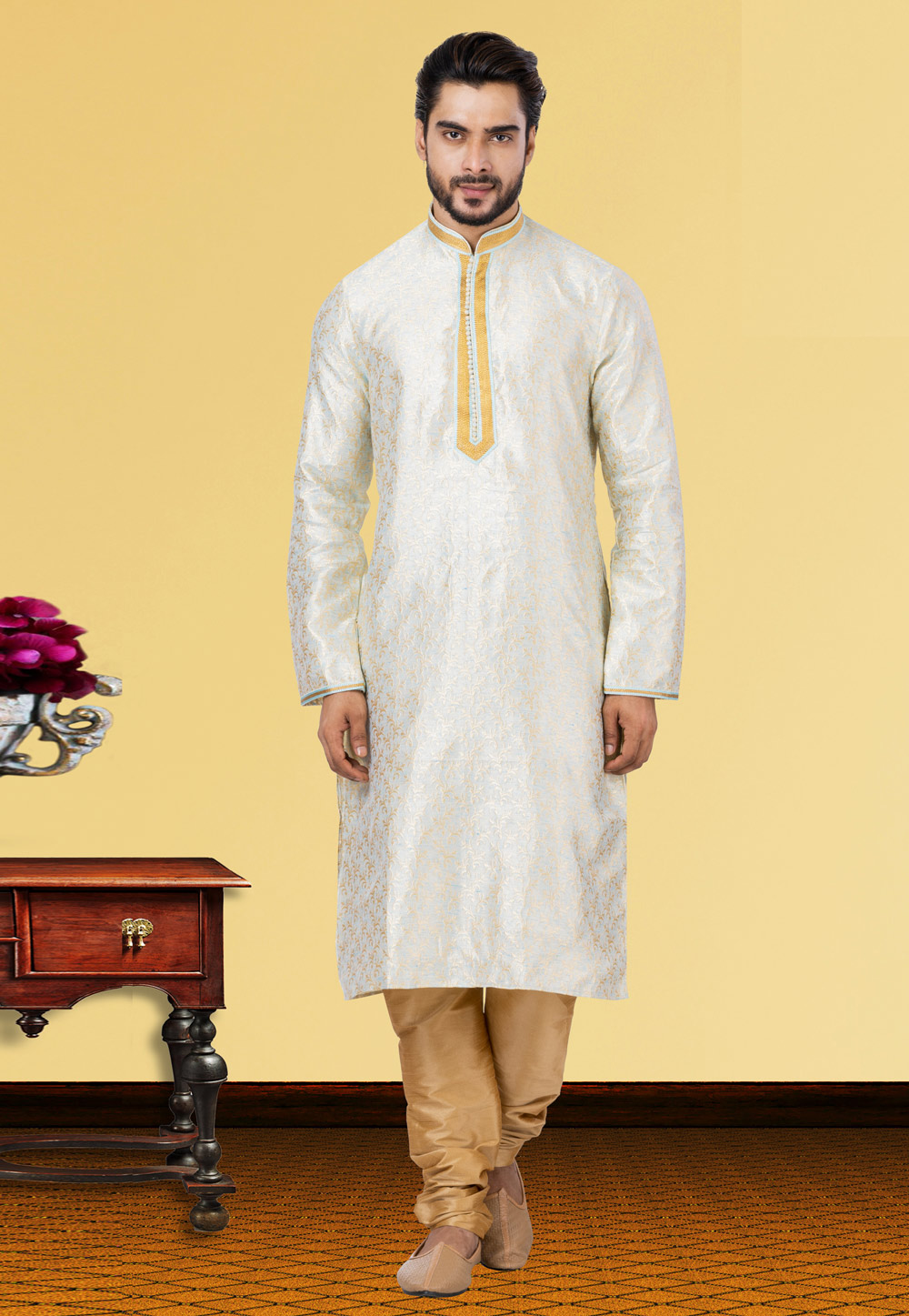 Off White Linen Kurta Pajama 249788