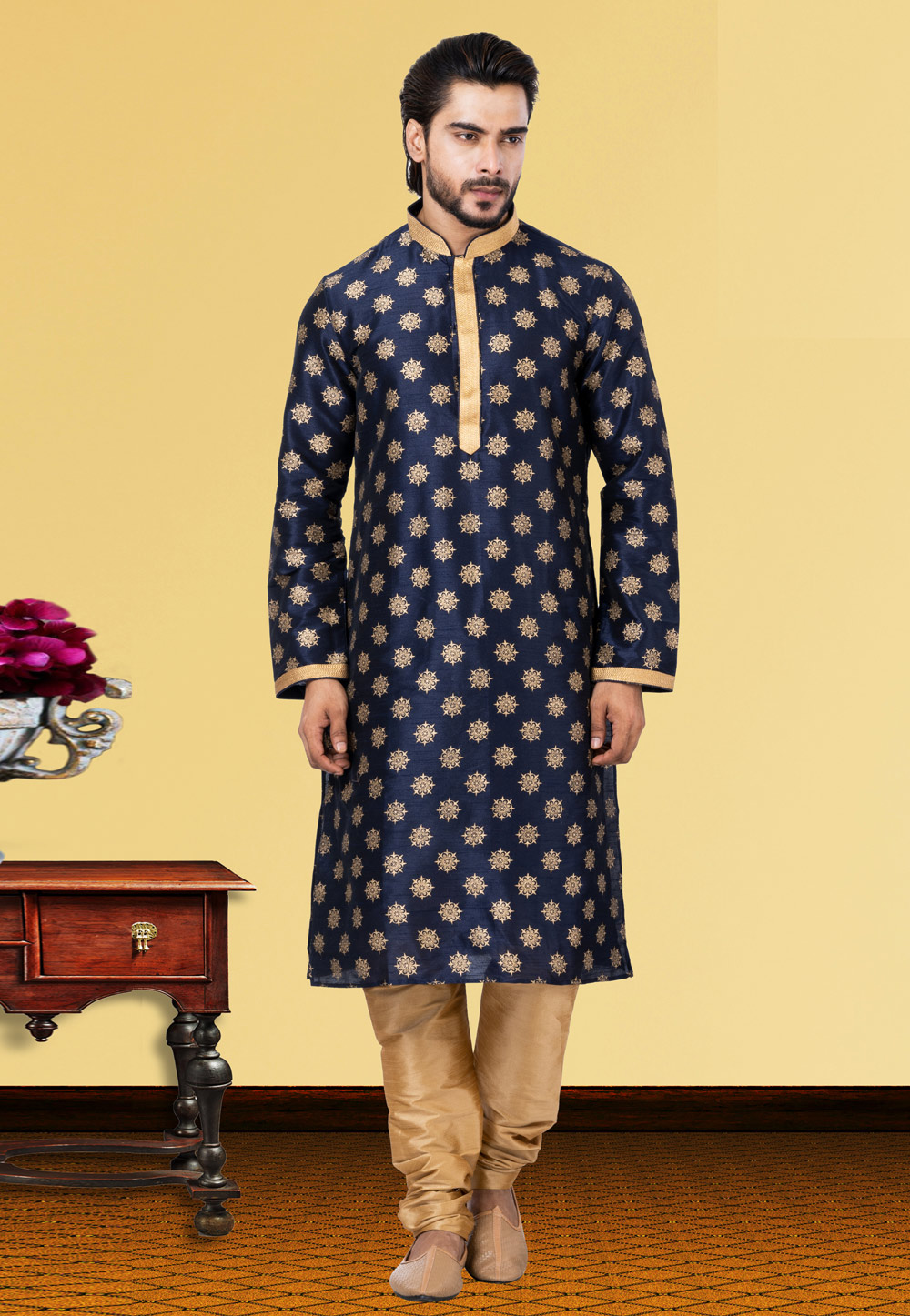 Navy Blue Dupion Kurta Pajama 249789