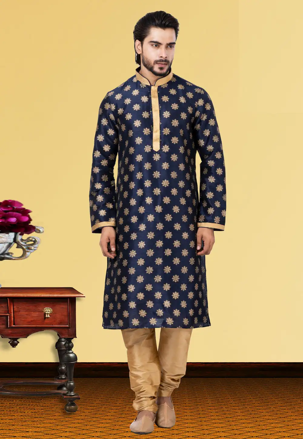 Navy Blue Dupion Kurta Pajama 249789