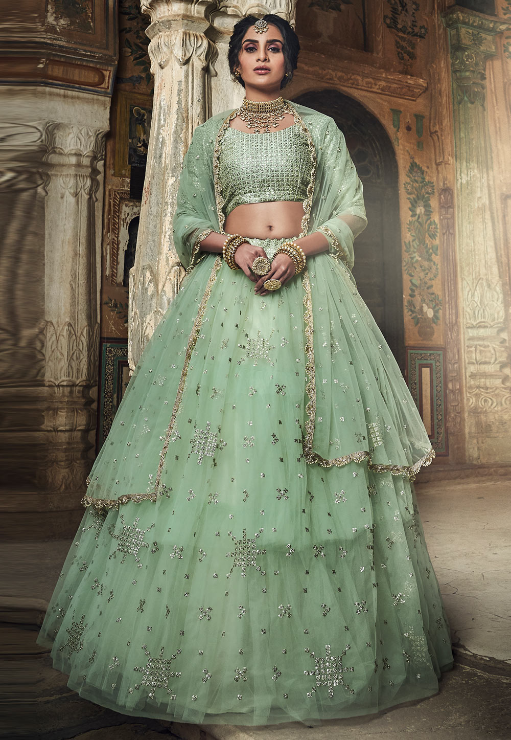 Light Green Net Circular Lehenga Choli 197126