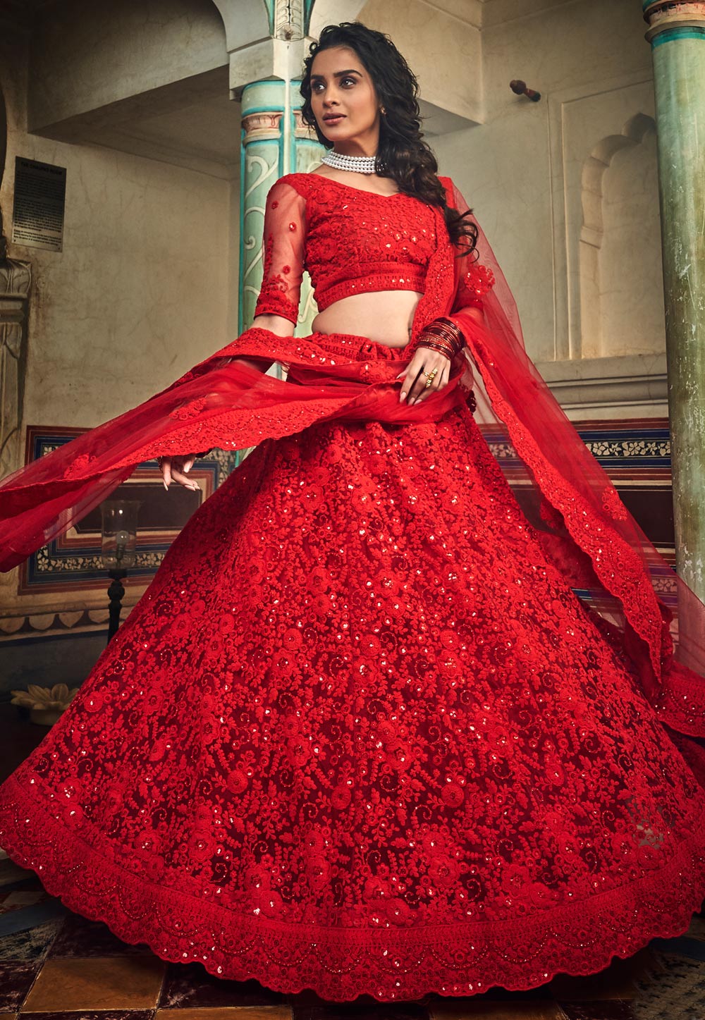Red Net Circular Lehenga Choli 197127
