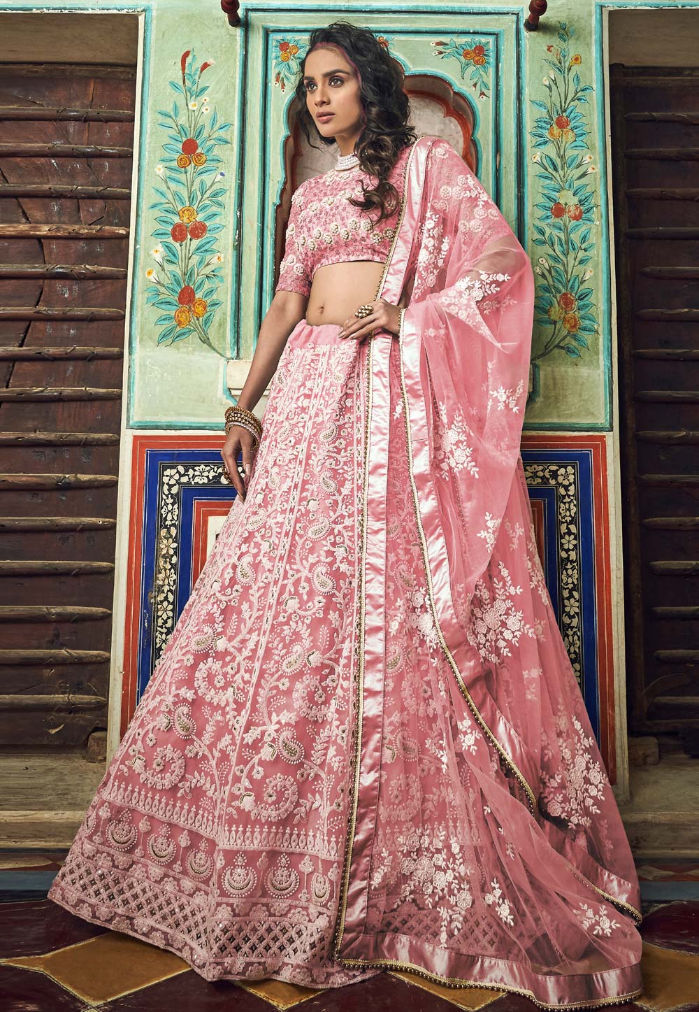 Pink Net Circular Lehenga Choli 197132