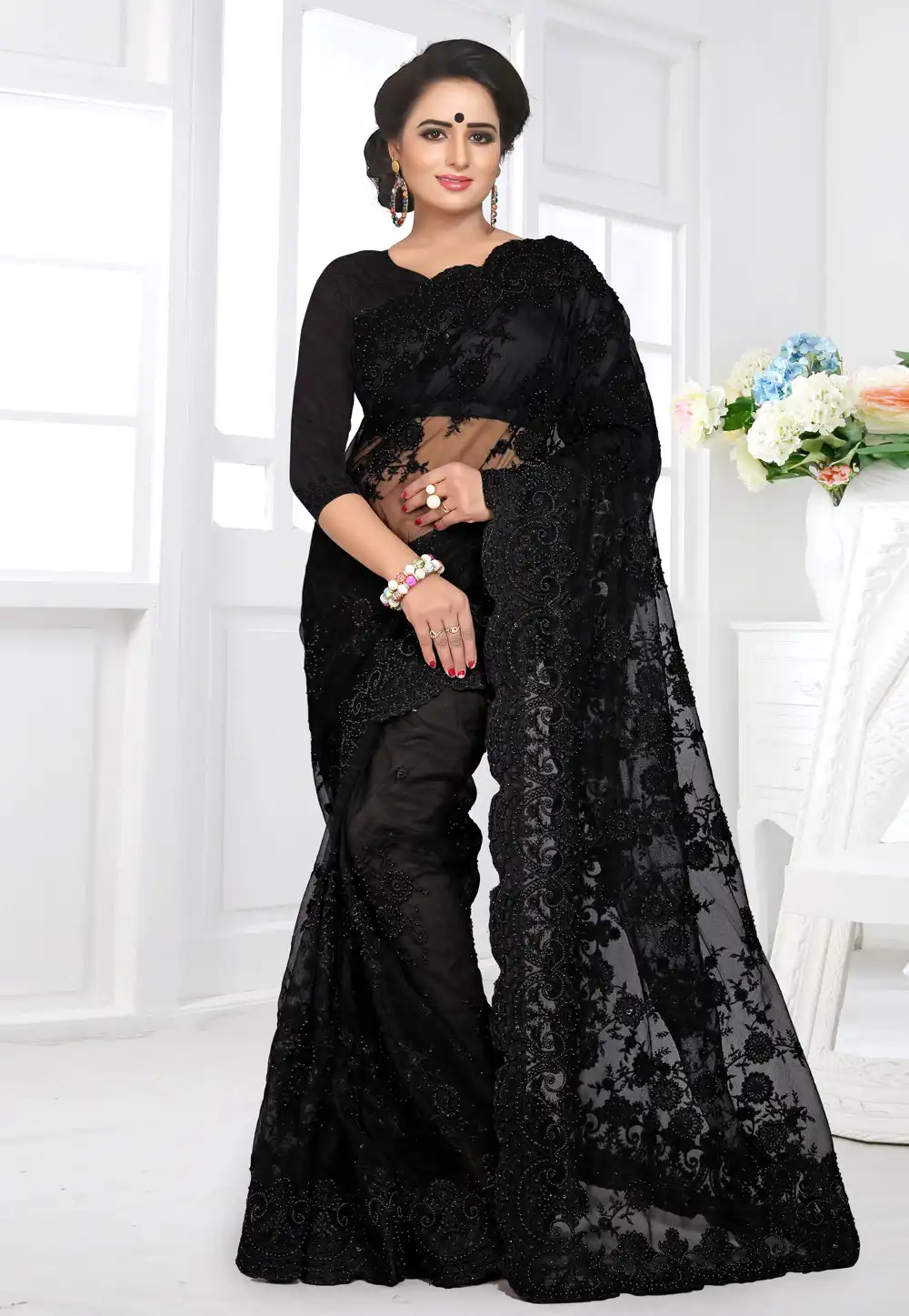 Black Net Festival Wear Saree 155157