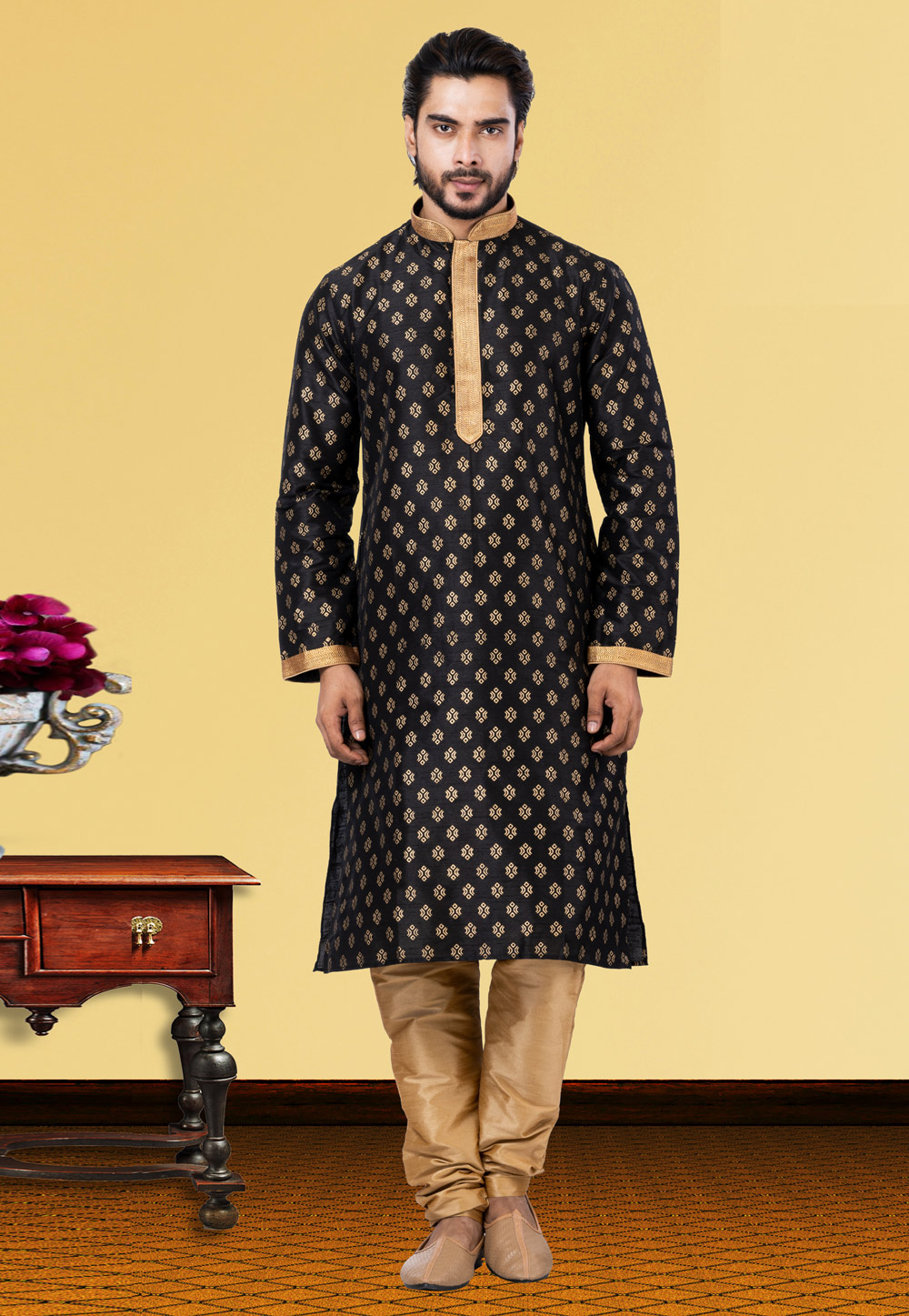 Black Dupion Kurta Pajama 249791