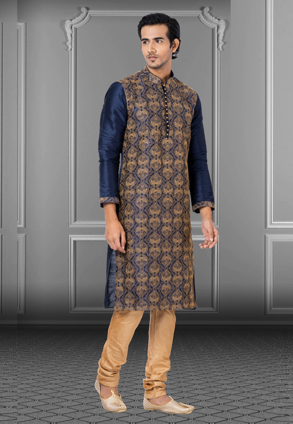 Navy Blue Dupion Kurta Pajama 249793
