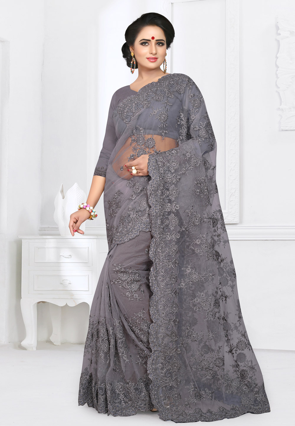 Grey Net Saree With Blouse 155160