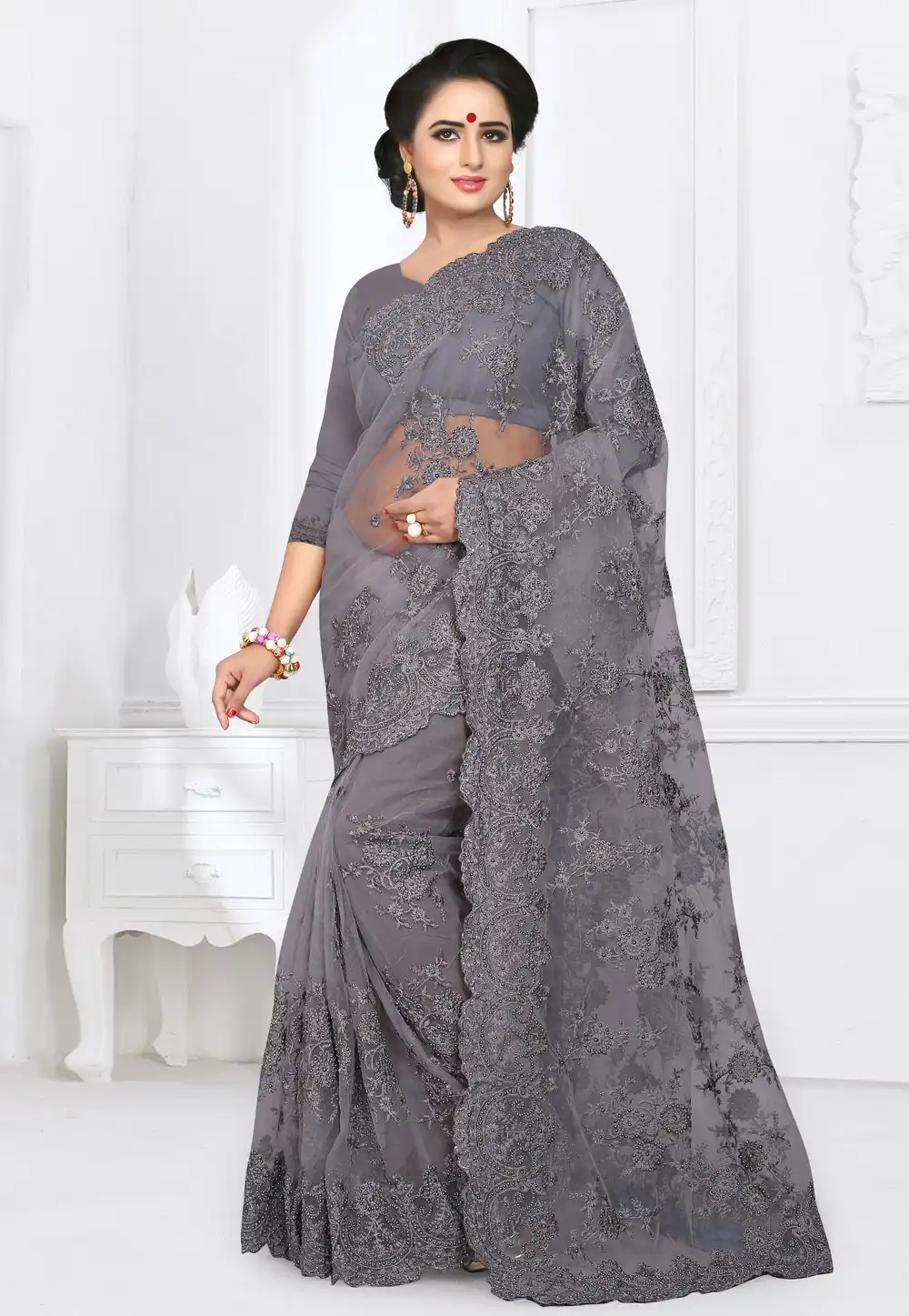 Grey Net Saree With Blouse 155160