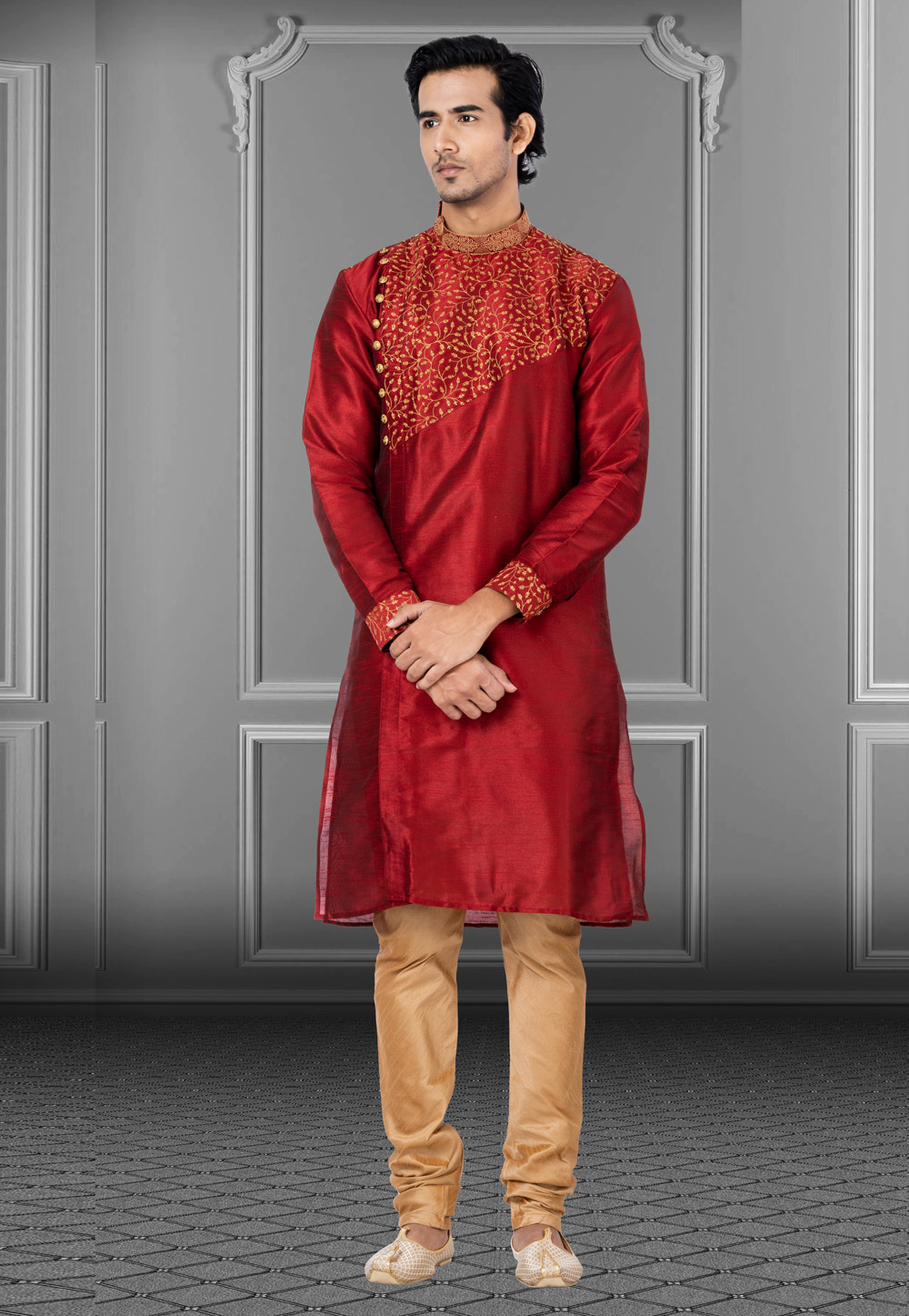 Maroon Dupion Kurta Pajama 249795