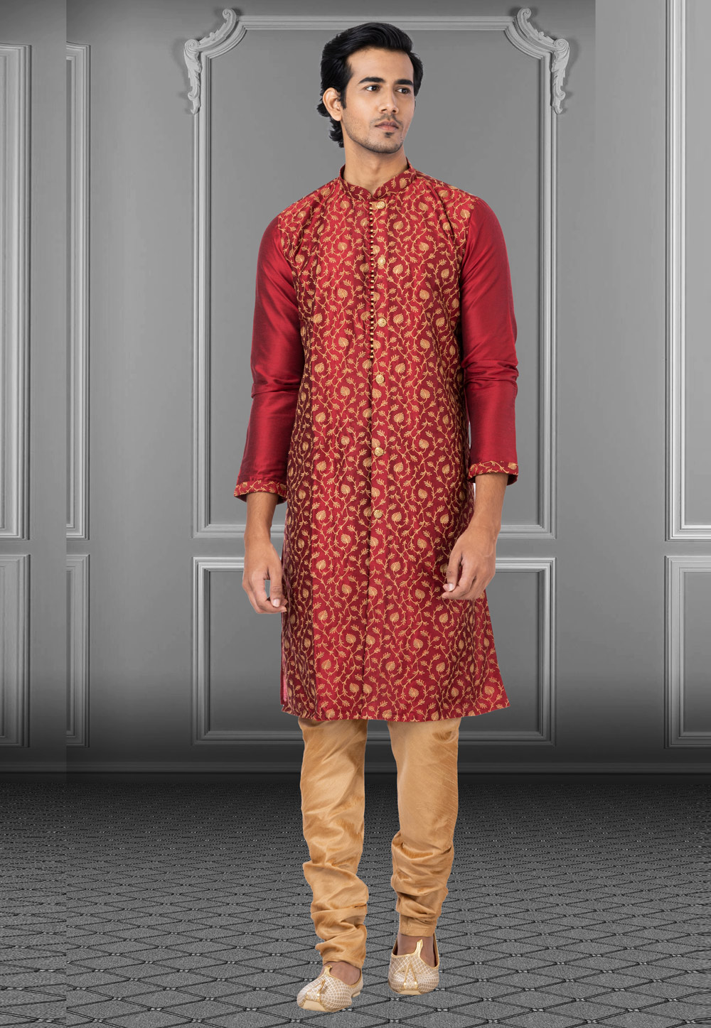 Maroon Dupion Kurta Pajama 249796