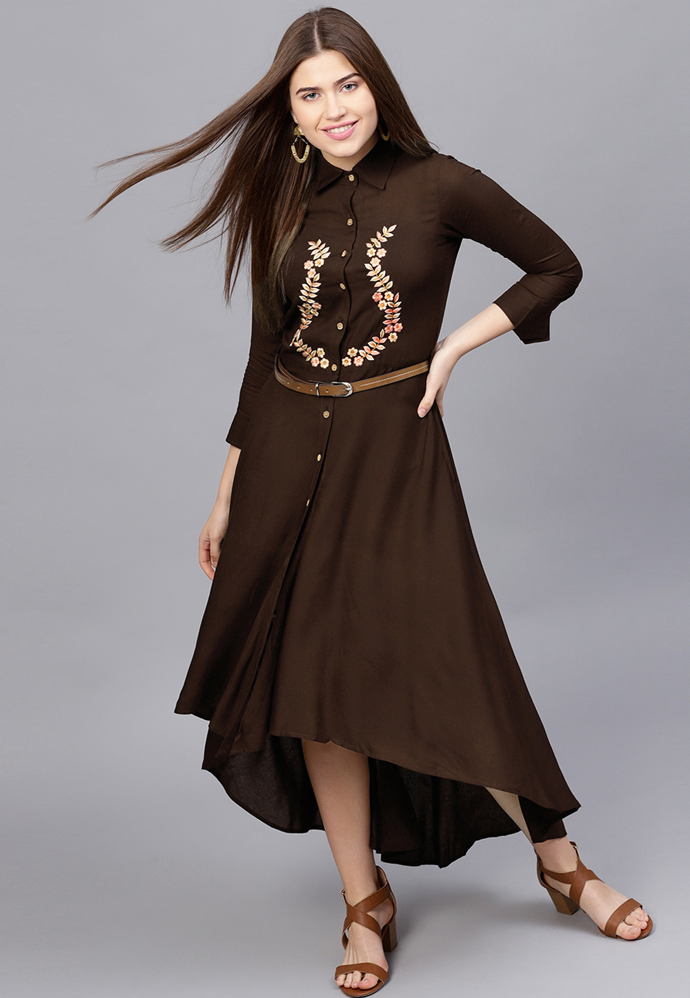 Brown Rayon Readymade Asymmetric Tunic 188946