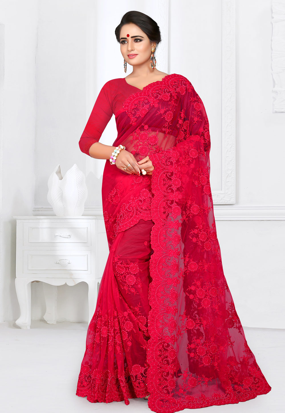 Magenta Net Festival Wear Saree 155163