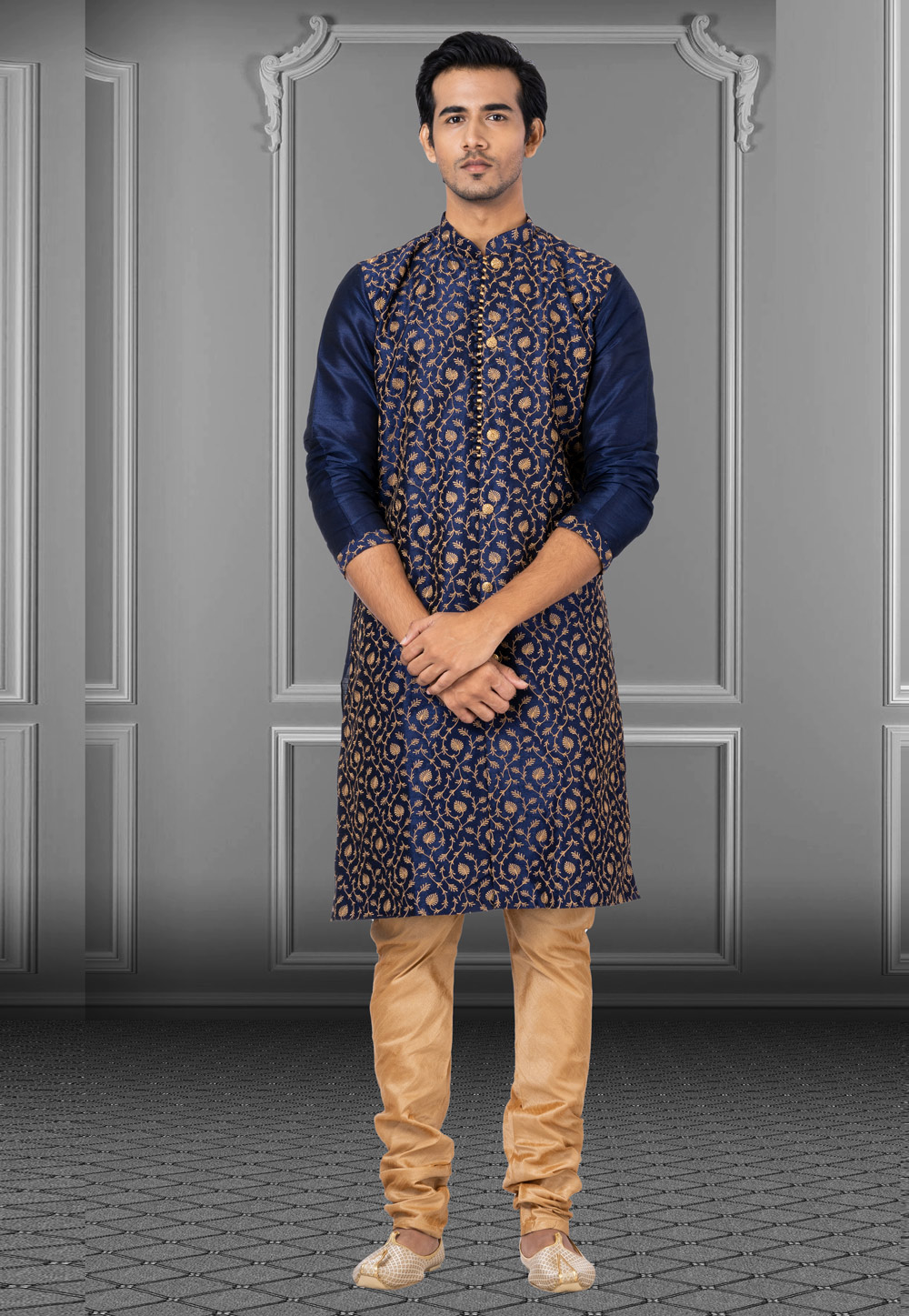 Navy Blue Dupion Kurta Pajama 249797