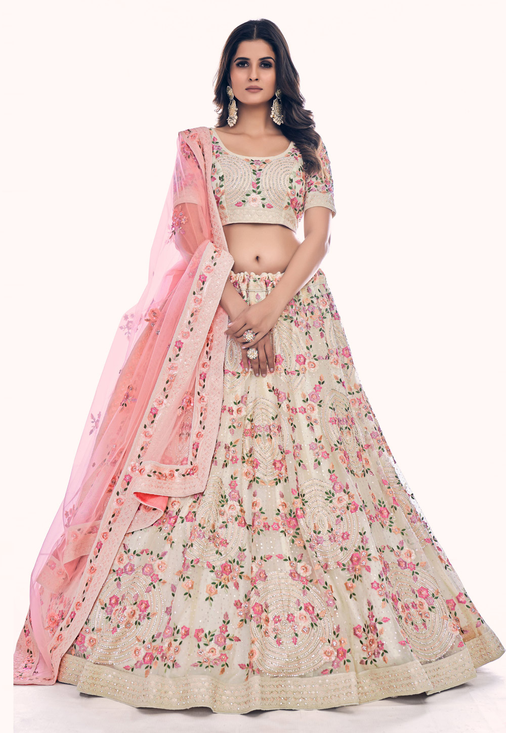 Off White Soft Net Circular Lehenga Choli 256037