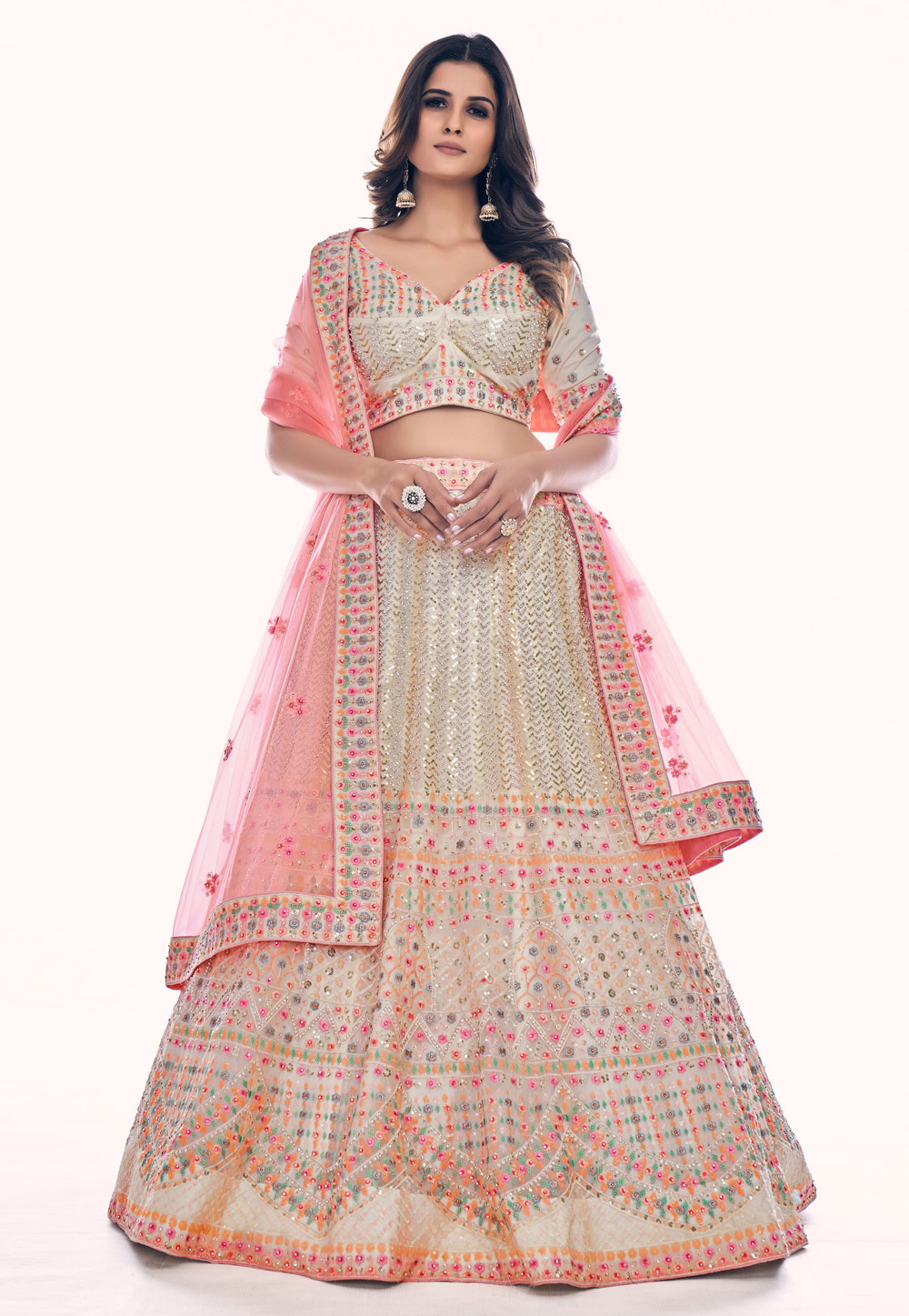 Off White Soft Net Circular Lehenga Choli 256038
