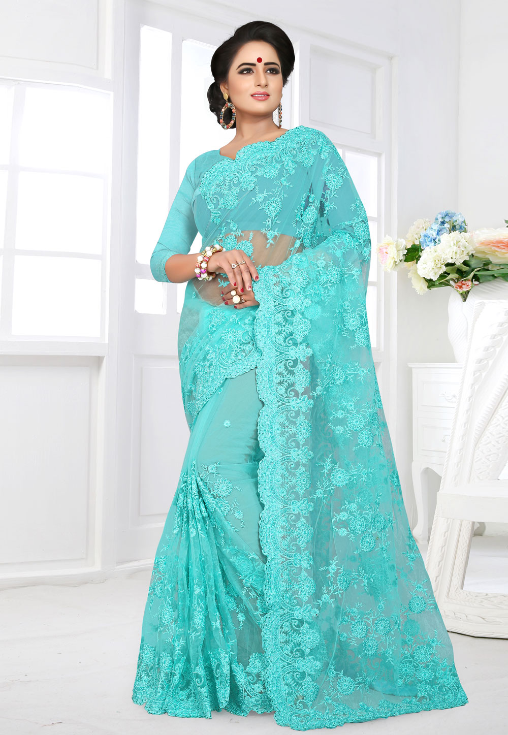 Aqua Net Saree With Blouse 155166