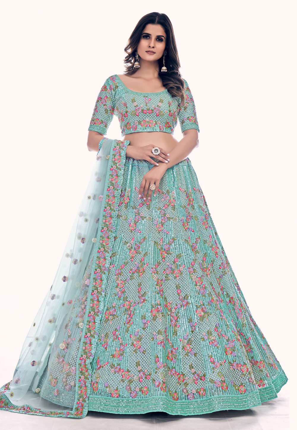 Sea Green Soft Net Circular Lehenga Choli 256045