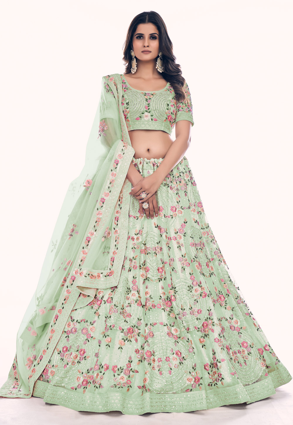 Pista Green Soft Net Circular Lehenga Choli 261935