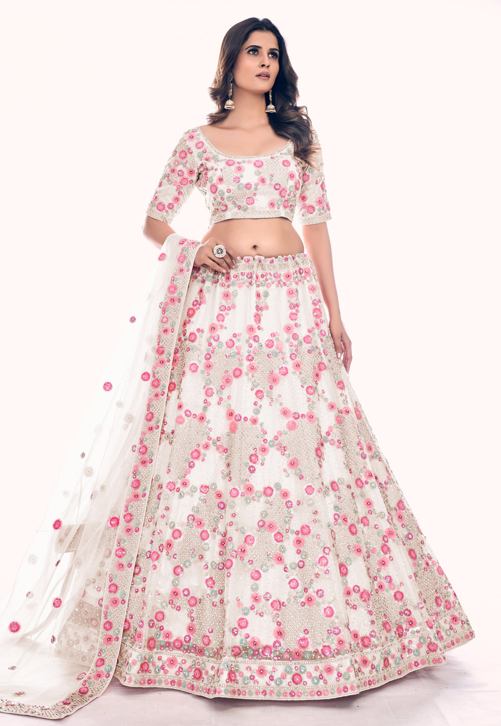 White Soft Net Circular Lehenga Choli 261938