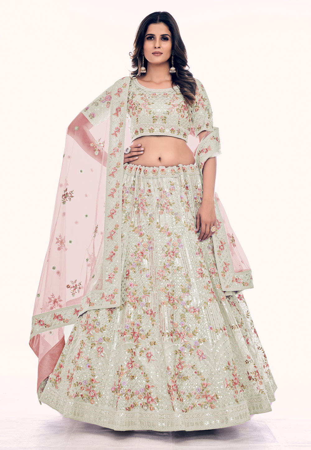 Off White Soft Net Circular Lehenga Choli 261941