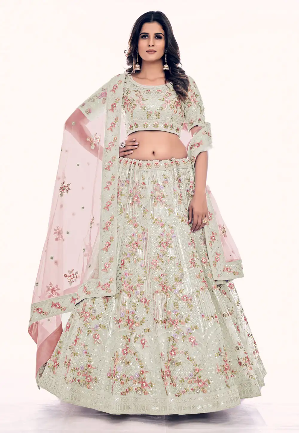 Off White Soft Net Circular Lehenga Choli 261941